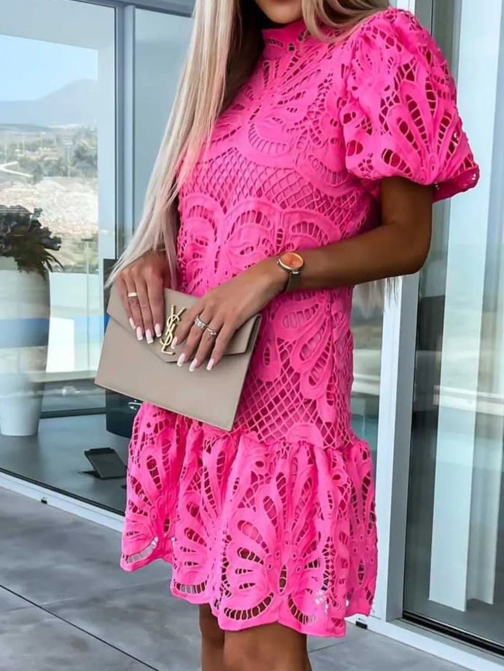 Lace Mock Neck Puff Sleeve Dress, image 6