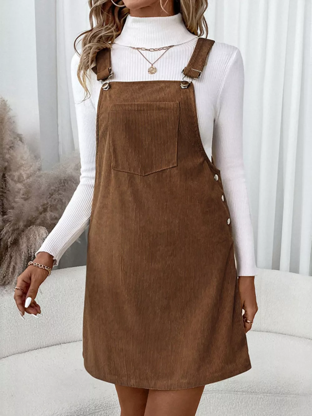 Corduroy Overall Mini Dress with Adjustable Straps, image 7