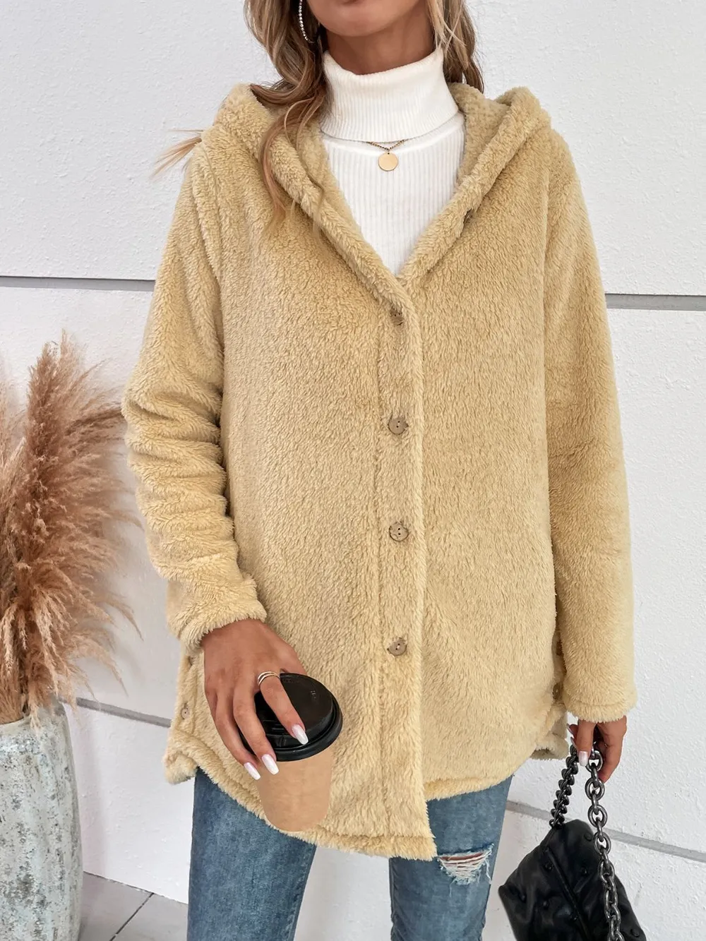 Fuzzy Button Up Hooded Jacket, image 5
