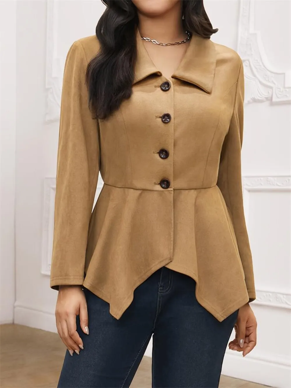 Handkerchief Hem Button Up Collared Neck Jacket, image 4