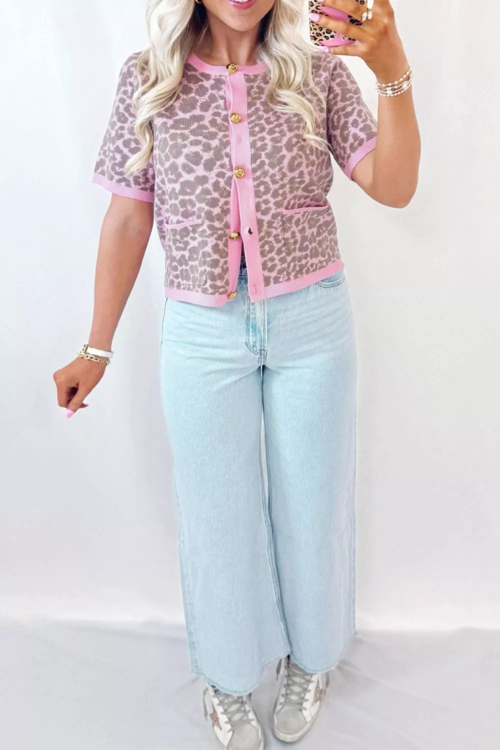 Leopard Button Down Short Sleeve Sweater Cardigan, image 2