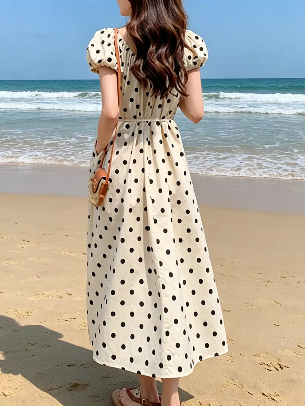 Polka Dot Puff Sleeve Midi Dress, image 2