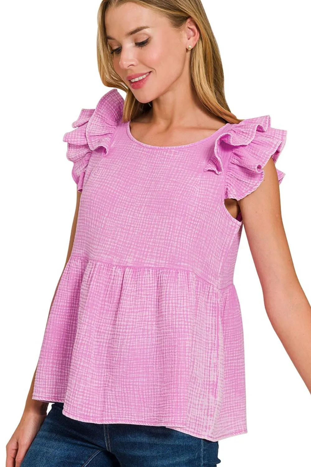 Double Gauze Acid Washed Tiered Ruffle Peplum Top, image 2