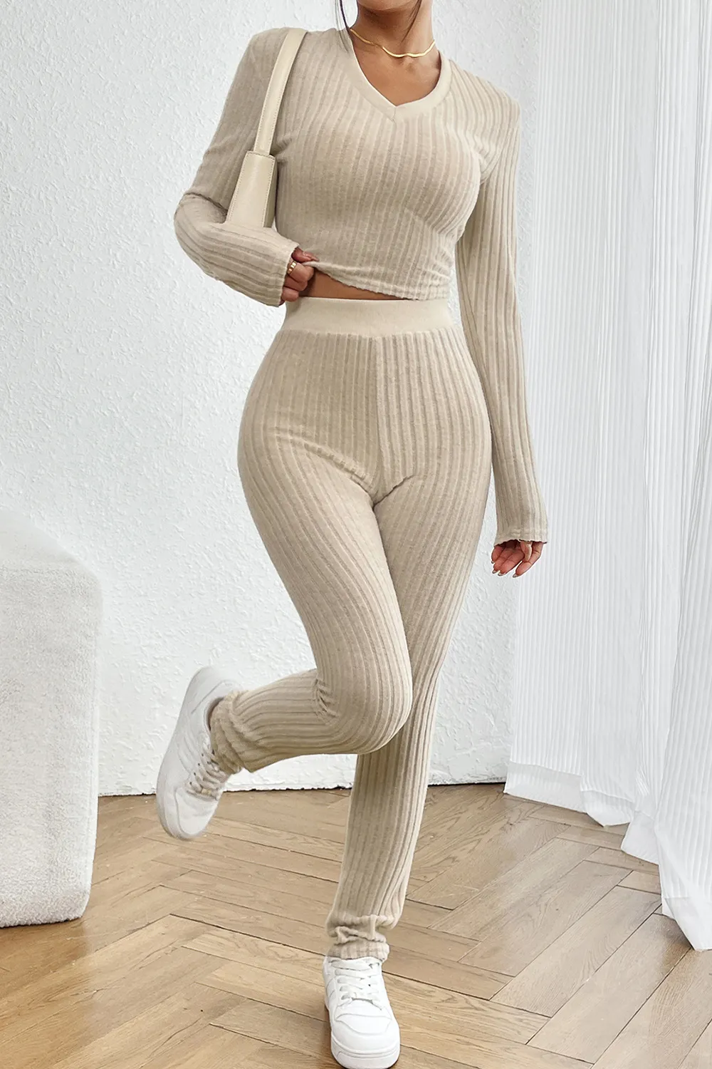 Ribbed V-Neck Long Sleeve Cropped Top and Pants Set, image 5