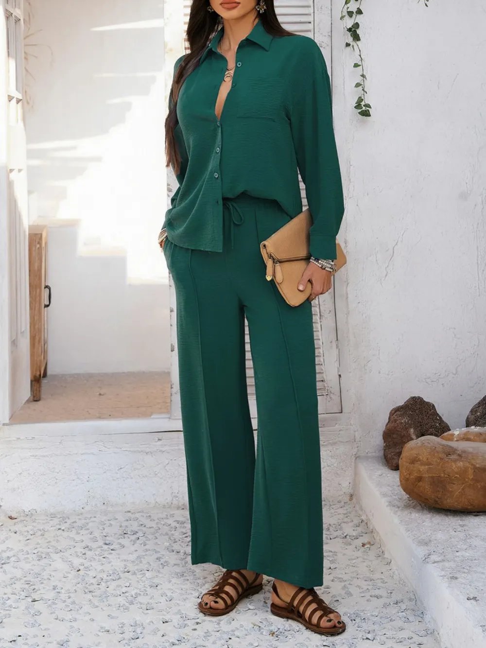Collared Neck Long Sleeve Top and Pants Set, image 12