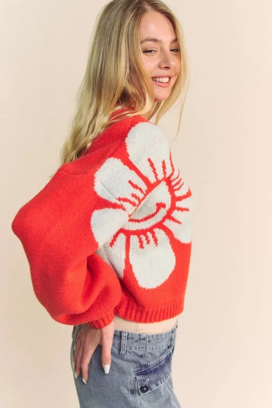 Flower Contrast Round Neck Long Sleeve Cardigan, image 3