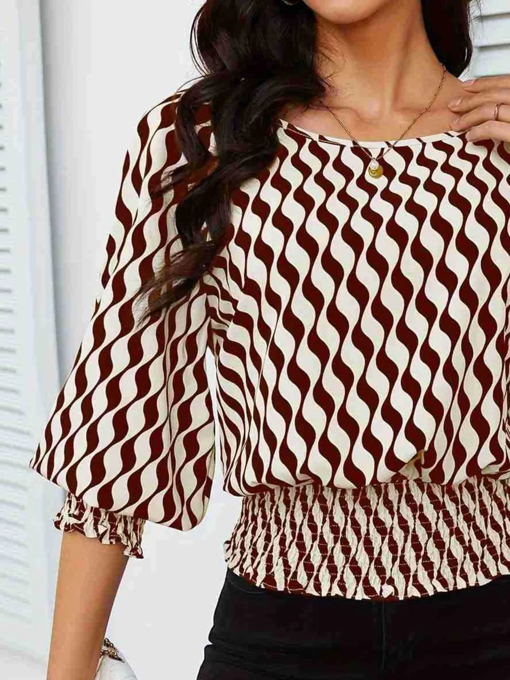 Geometric Print Lantern Sleeve Smocked Waist Blouse, image 6