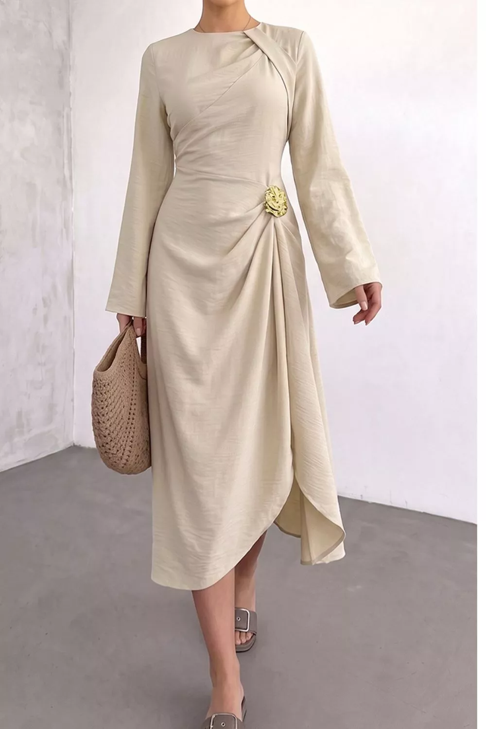 Ruched Long Sleeve Midi Dress, image 6