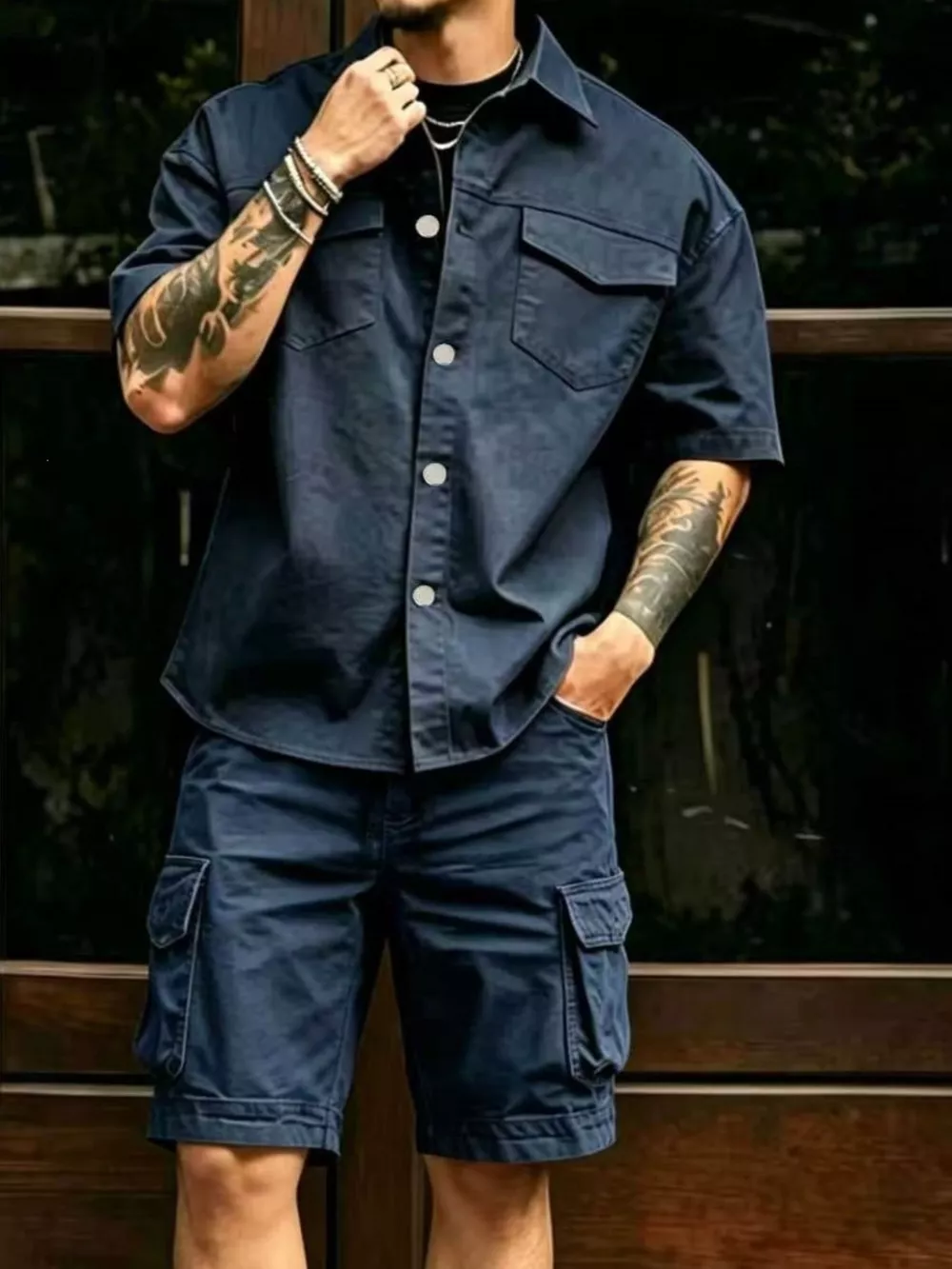 Men's Full Size Cargo Shirt and Shorts Set Plus Size, image 3