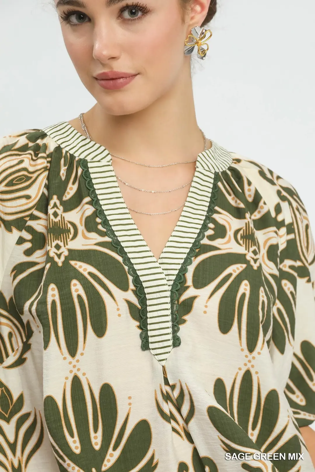 Mix Printed Puff Sleeve Top with Contrast Trim, image 4