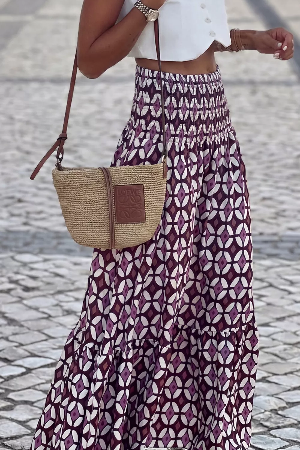 Geometric Print Smocked Waist Maxi Skirt, image 2
