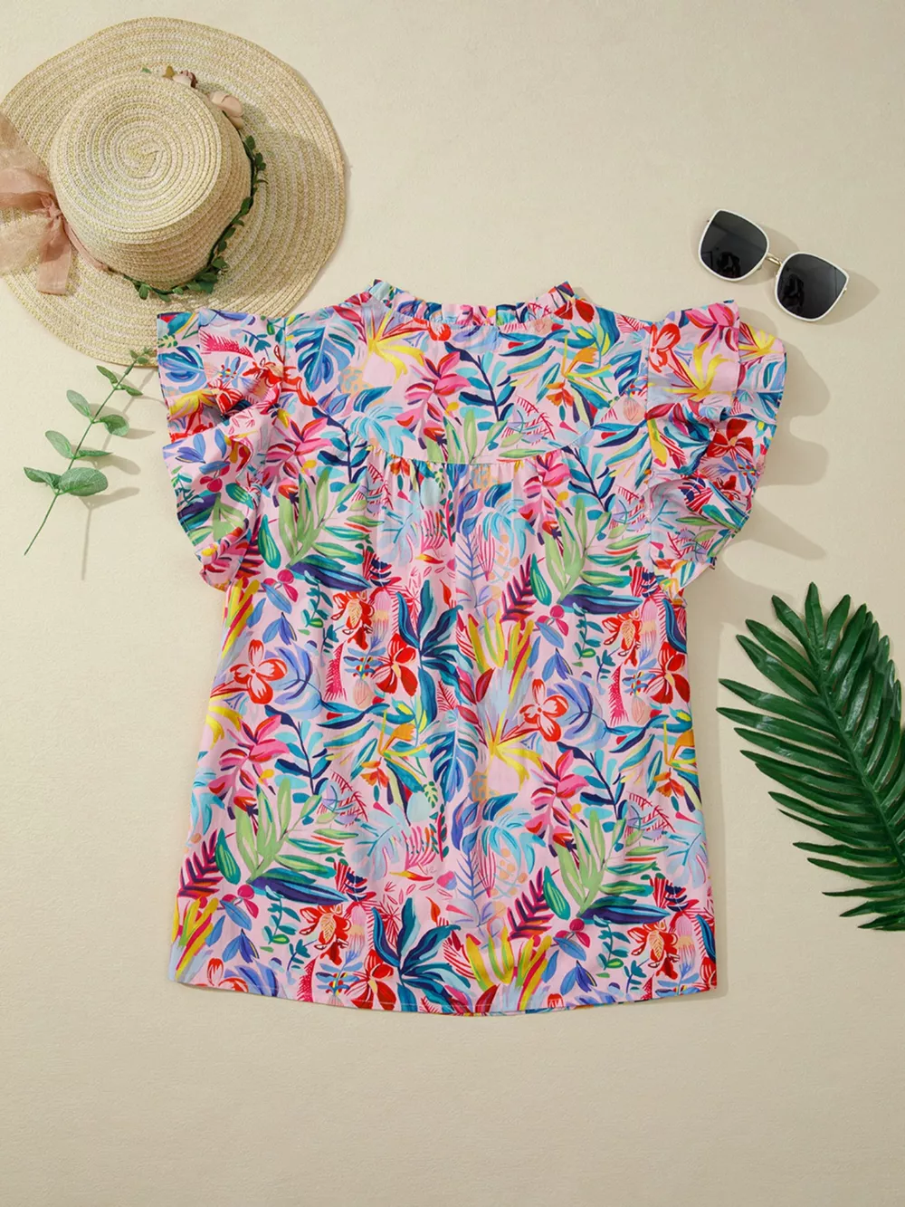 Tropical Floral Print Frilly Notched Neck Ruffled Short Sleeve Blouse, image 3