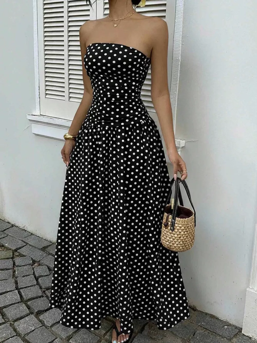 Polka Dot Ruched Strapless Maxi Dress