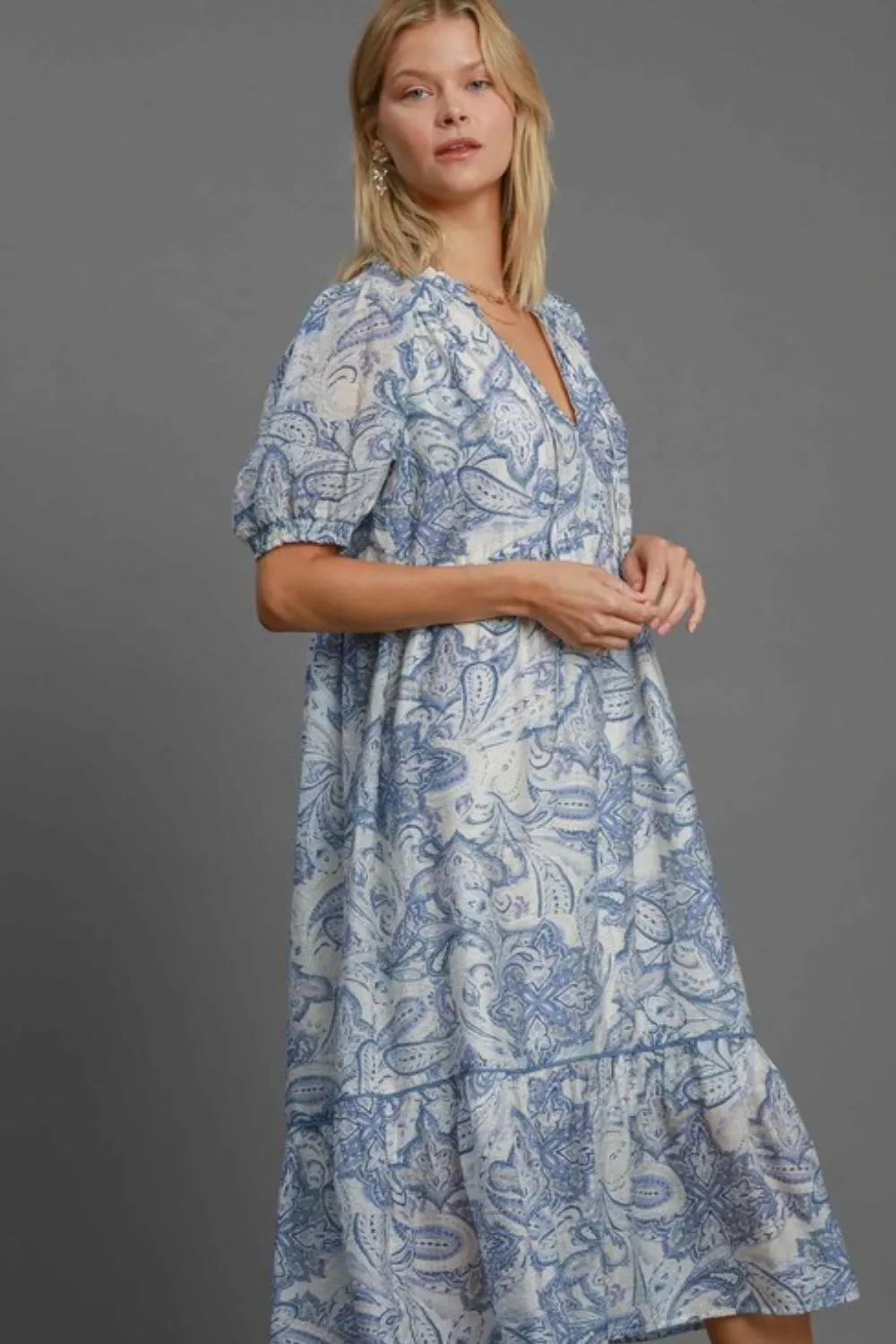Full Size Printed Puff Short Sleeve Midi Dress Plus Size, image 2