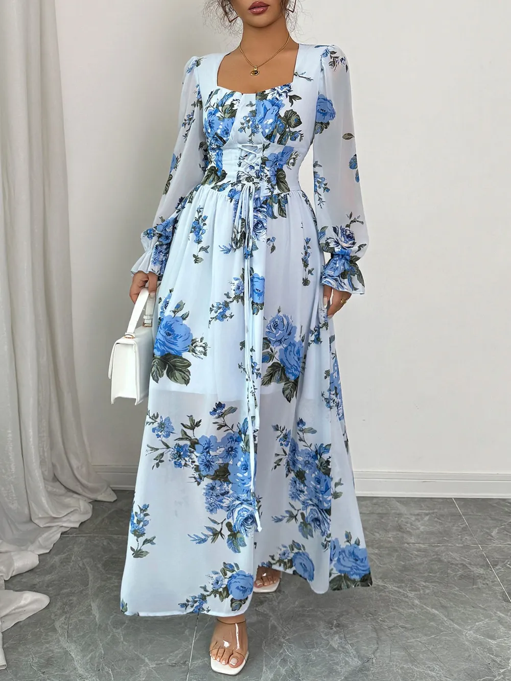Floral Flounce Sleeve Maxi Dress, image 2