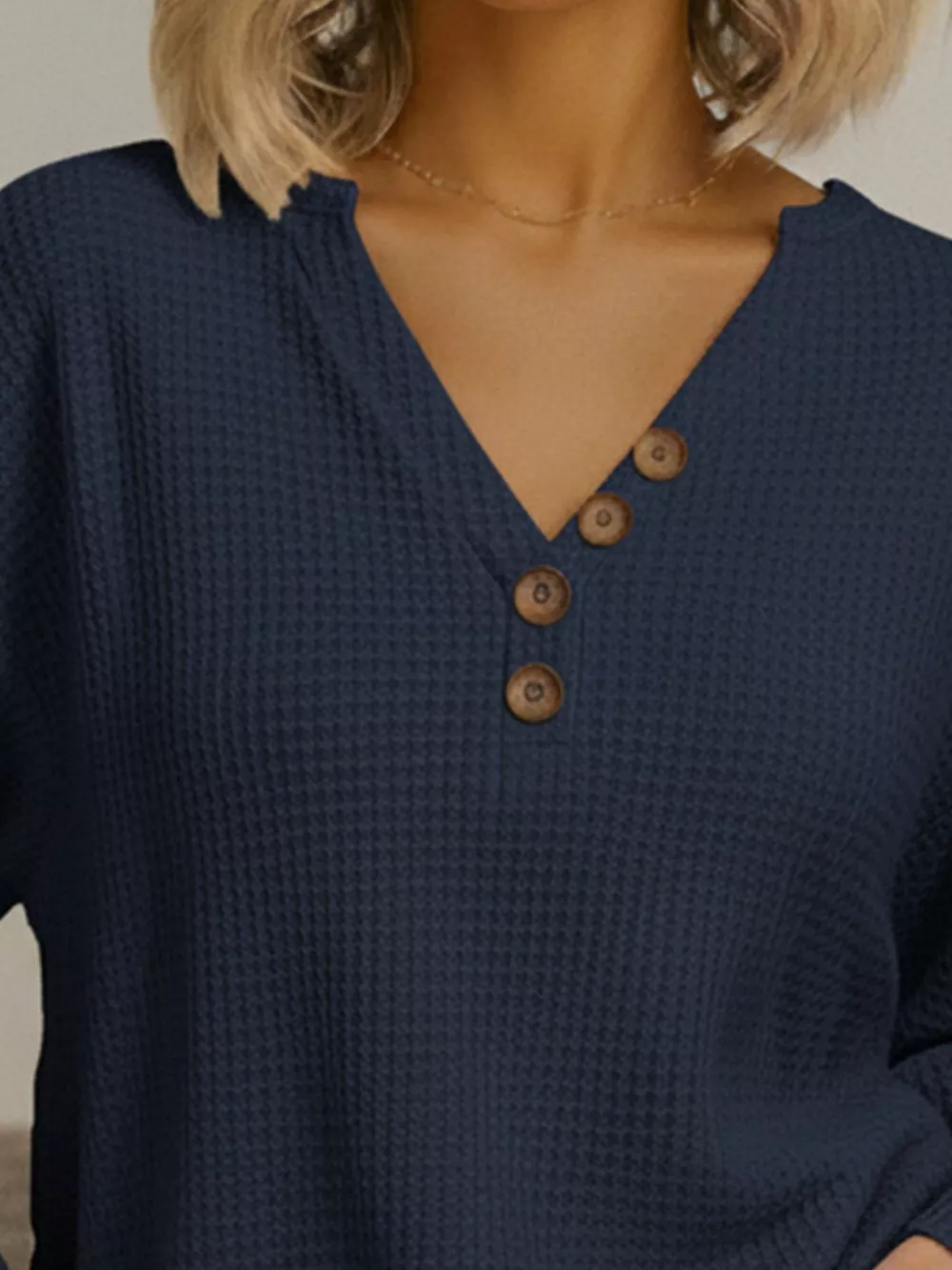Full Size Casual Waffle Knit V-Neck Long Sleeve T-Shirt Plus Size, image 11