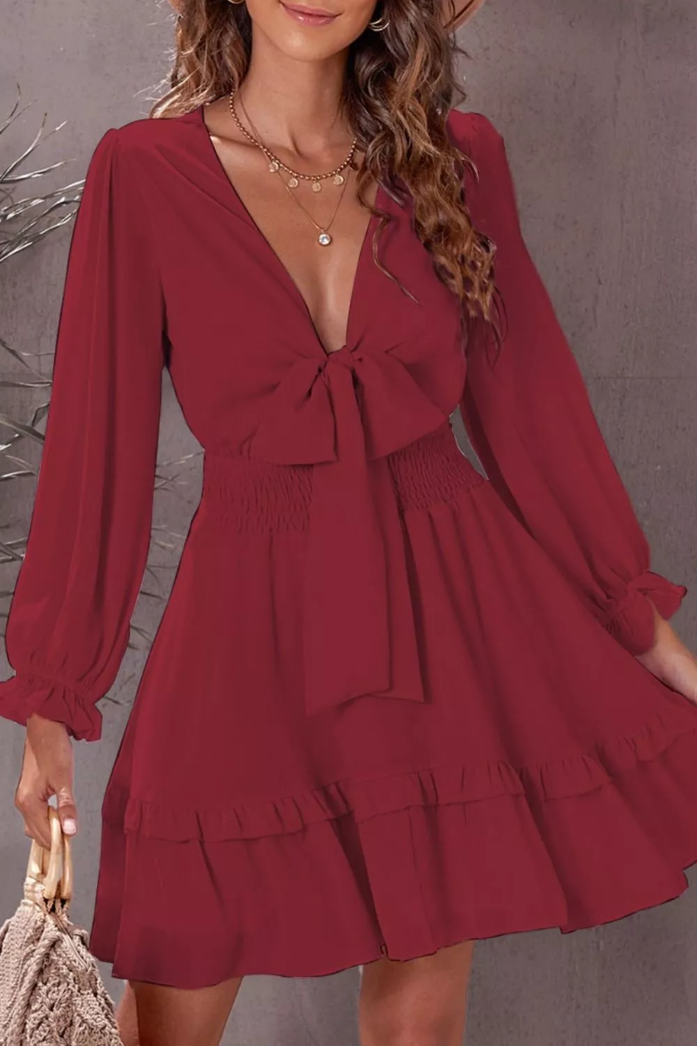 Elegant Tie-Front Ruffle Mini Dress with Smocked Wiast, image 11
