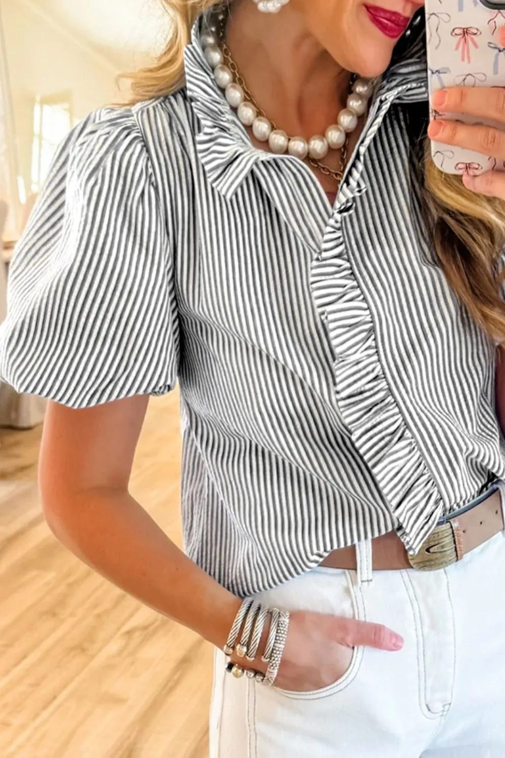 Striped Ruffle Short Bubble Sleeve Shirt, image 6