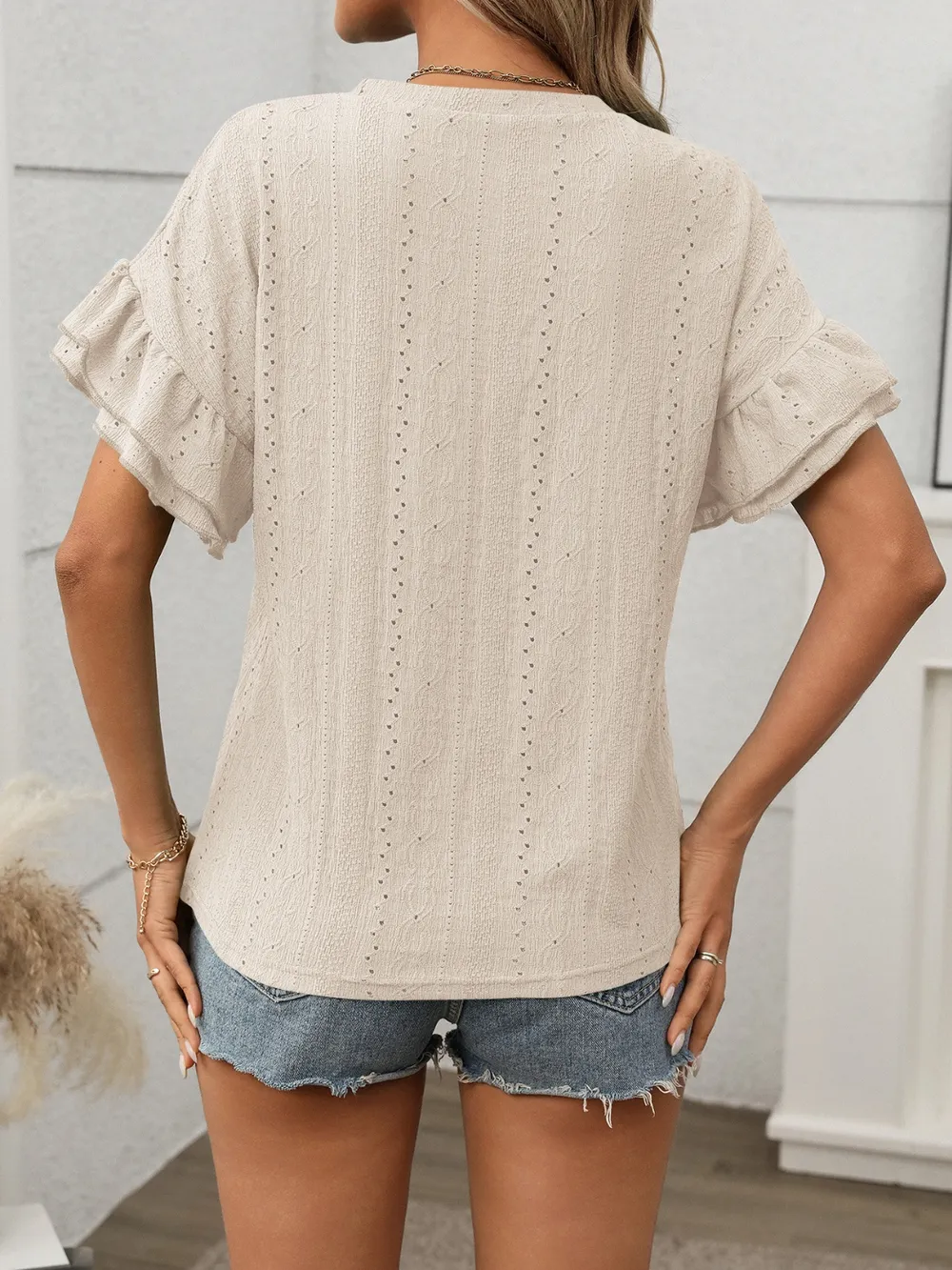 Eyelet Round Neck Flounce Sleeve Top, image 8