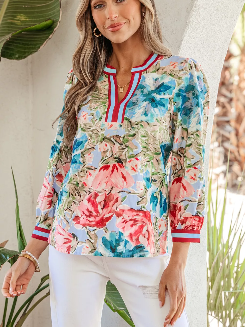 Contrast Trim V Neck Cuffed Bracelet Sleeve Floral Blouse, image 4