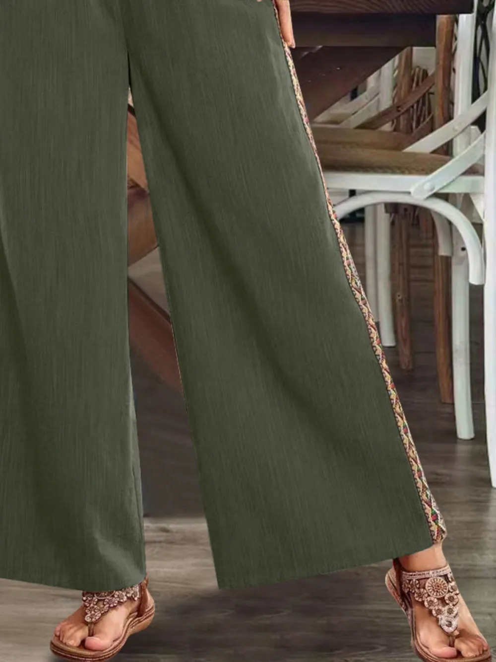 Bohemian Wide Leg Embroidered Side Stripe Pants, image 9