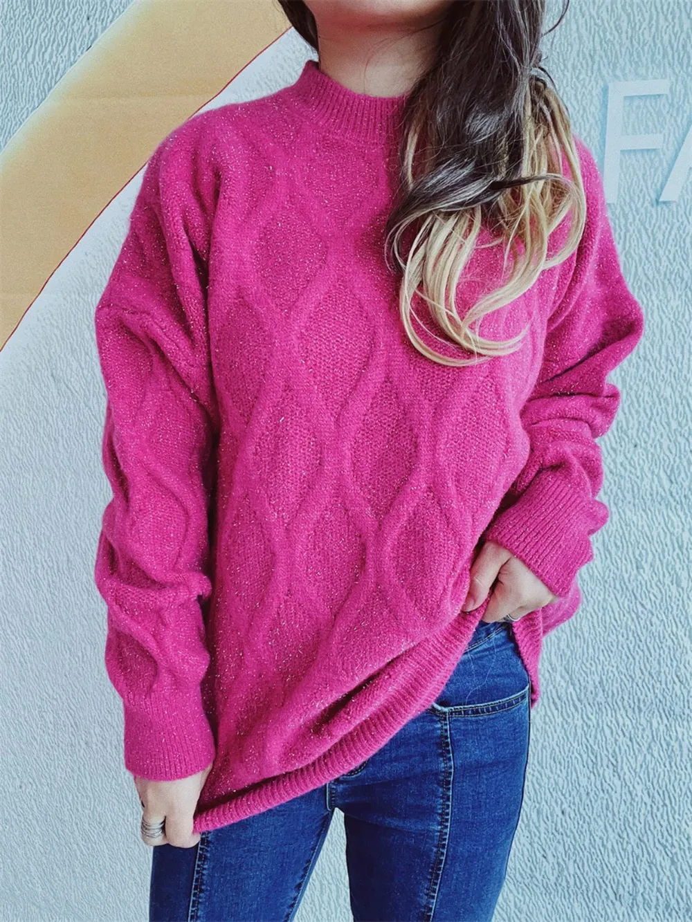 Diamond Round Neck Long Sleeve Sweater, image 17