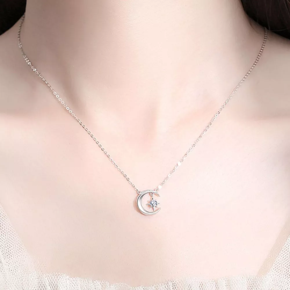 925 Sterling Silver Moissanite Star Moon Necklace, image 2