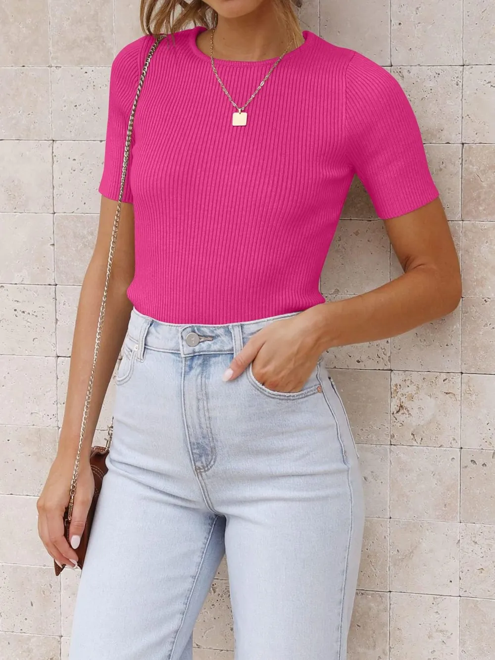 Ribbed Round Neck Short Sleeve Knit Top, image 8