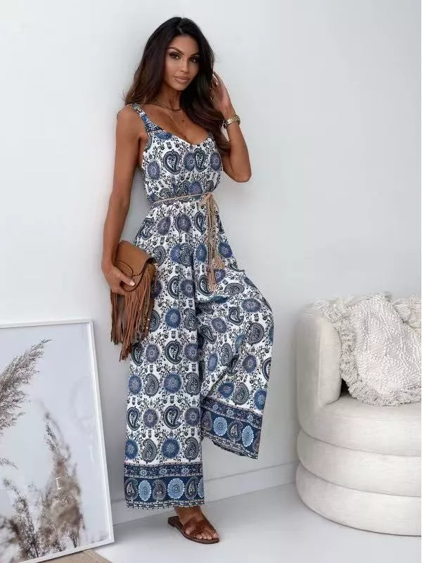 Printed Spaghetti Strap Wide-Leg Jumpsuit, image 3