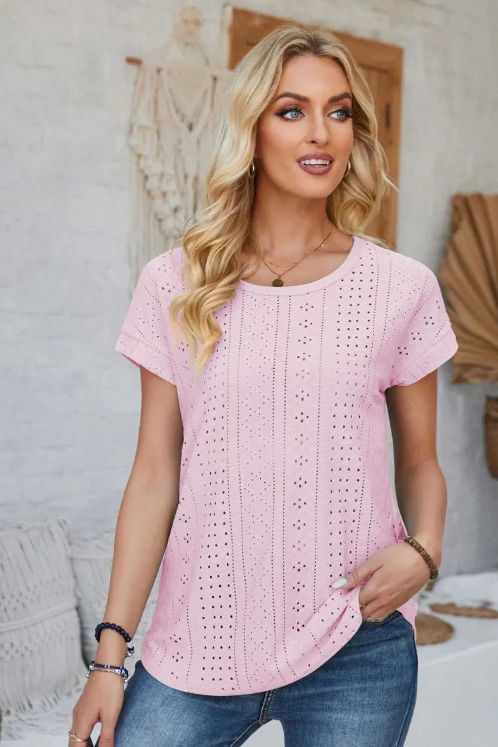 Eyelet Round Neck Rolled Short Sleeve T-Shirt, image 17