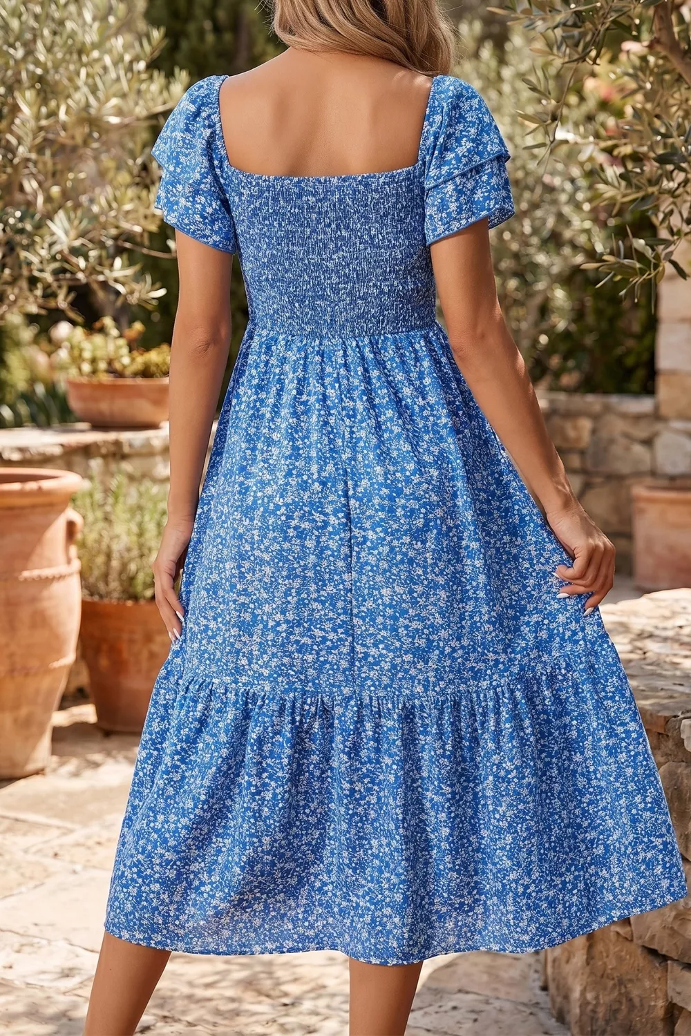 Ditsy Floral Print Smocked Square Neck Ruffle Short Sleeve Dress, image 7