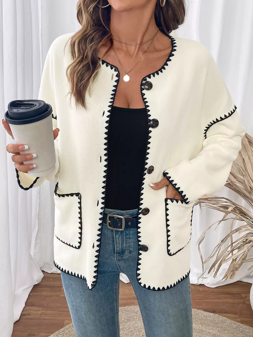 Contrast Trim Button Up Jacket, image 5