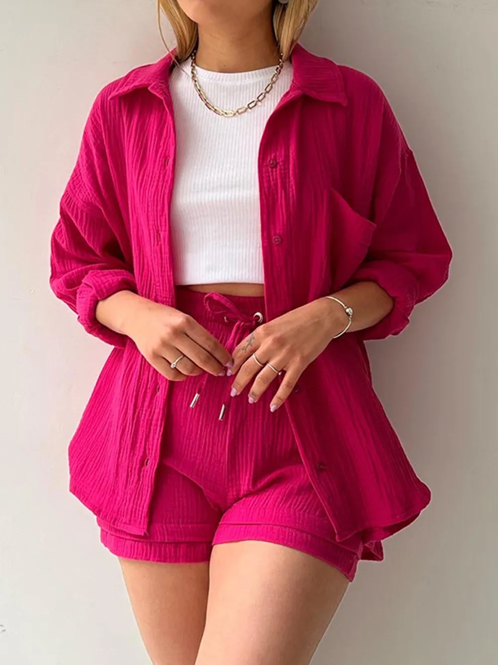 Texture Button Up Shirt and Drawstring Shorts Set, image 16