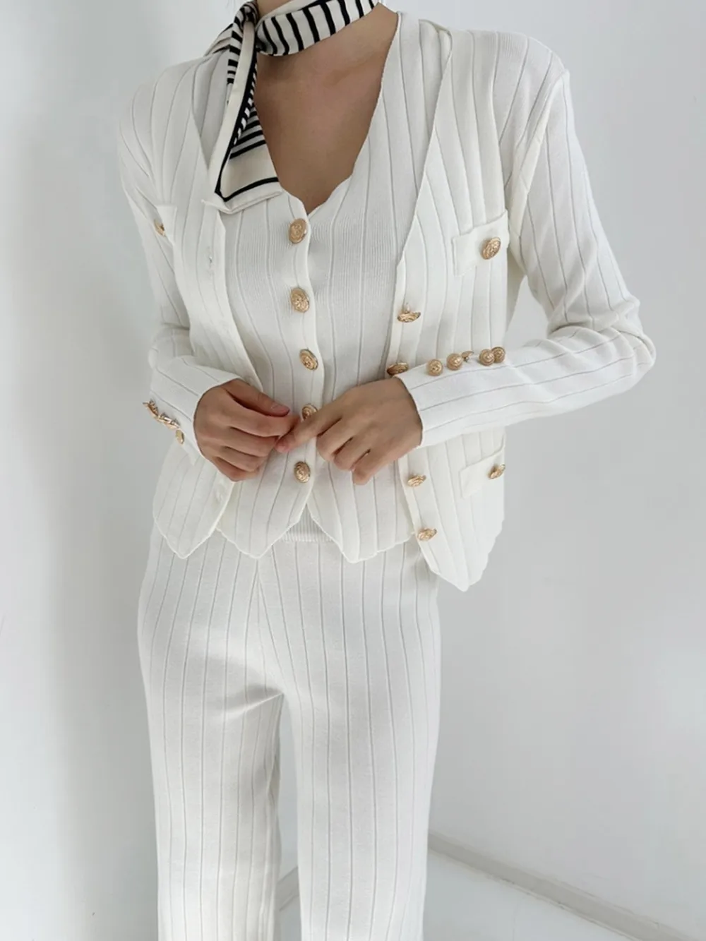 V-Neck Tank, Cardigan and Pants Three-Piece Sweater Set, image 3