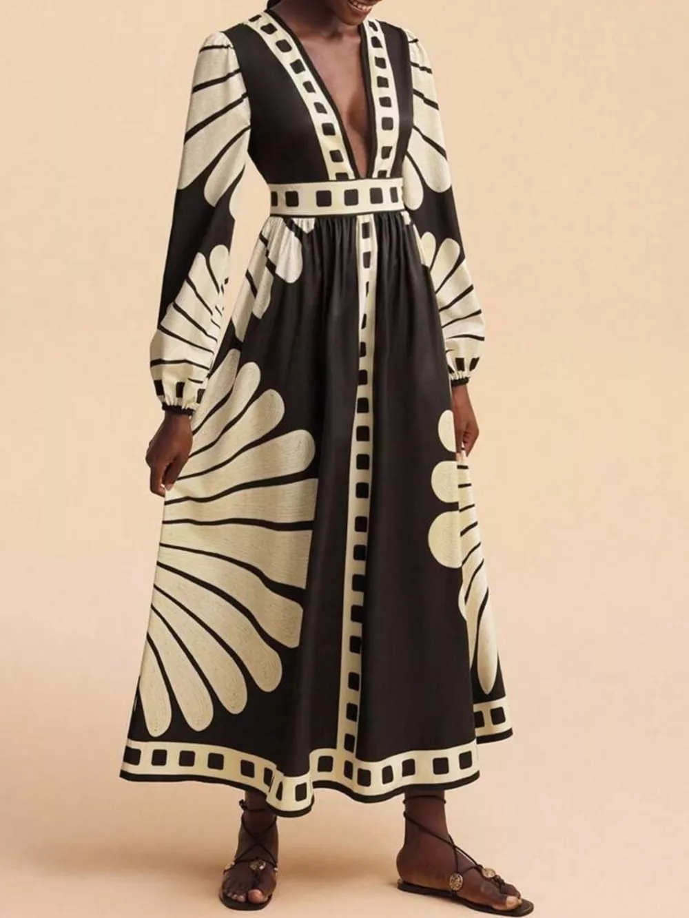 Printed Deep V-Neck Long Sleeve Dress, image 4