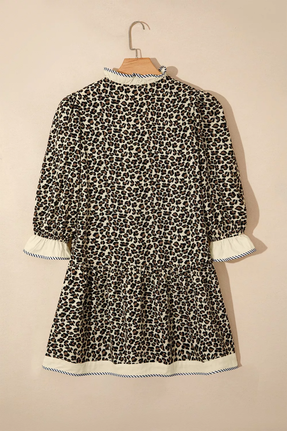 Leopard Print Striped Color Block Trim V Neck Bracelet Sleeve Mini Dress, image 9