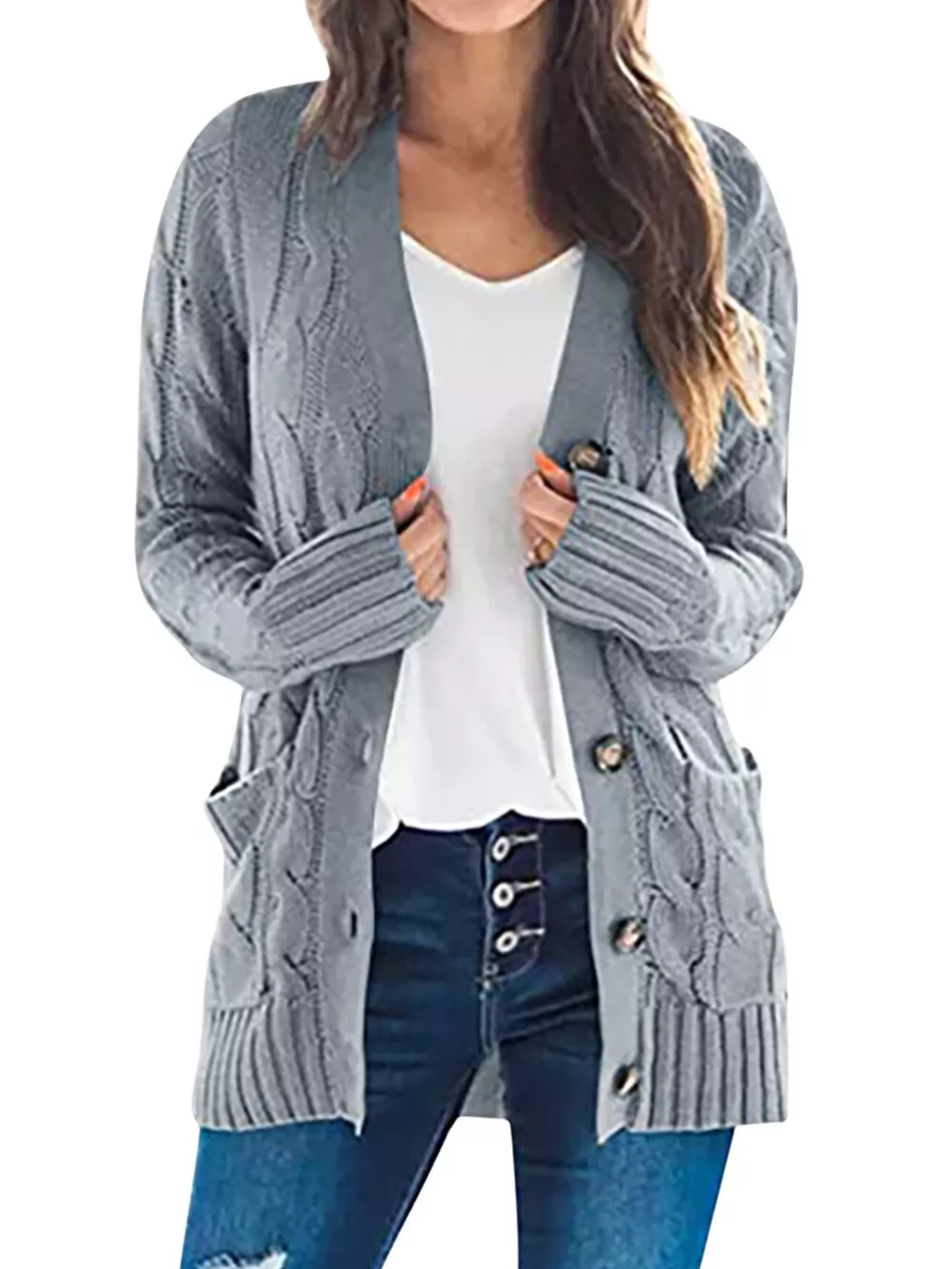 Full Size Chunky Cable Knit Button-Down Cardigan Plus Size, image 6