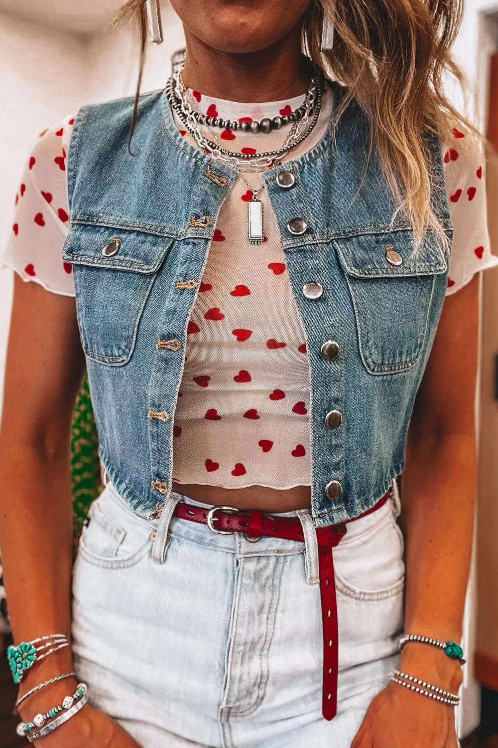 Sheer Heart Print Fitted Top, image 9