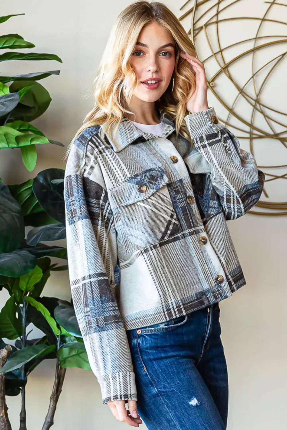 Plaid Button Up Long Sleeve Shacket, image 3