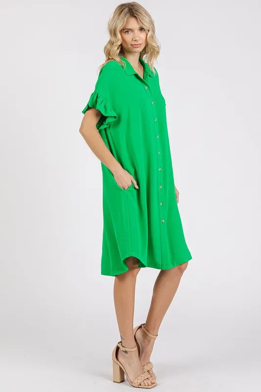 Button Down Flounce Sleeve Dress with Pockets, image 3