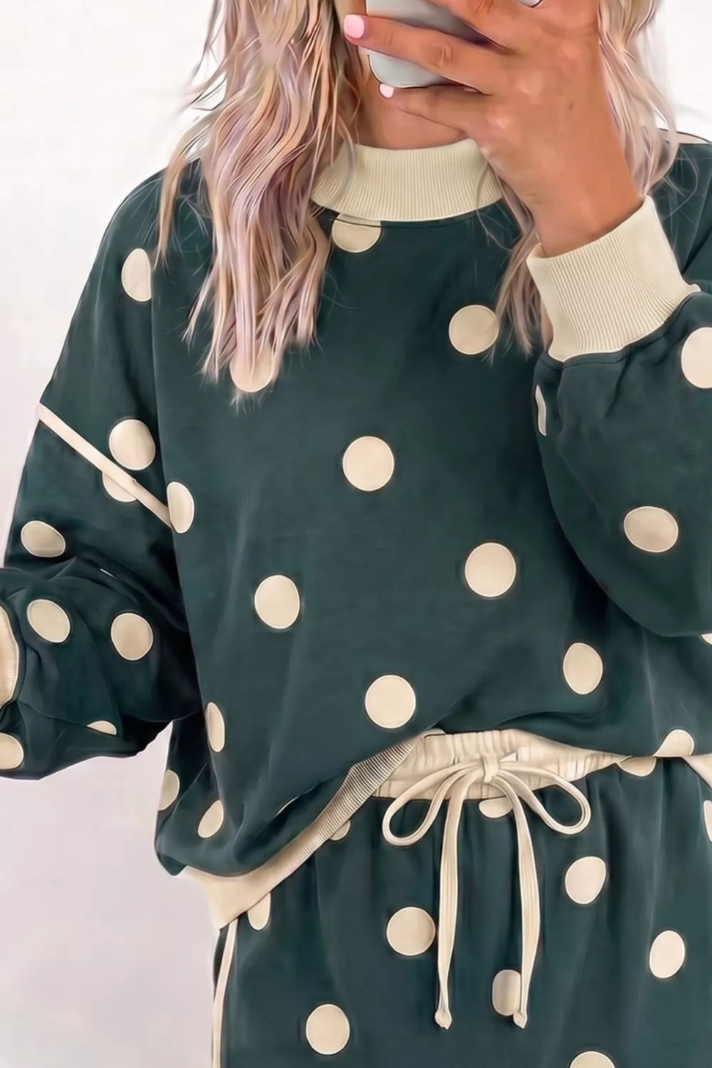 Polka Dot Print Color Block Trim Baggy Pullover Drawstring Skirt 2pcs Set, image 3