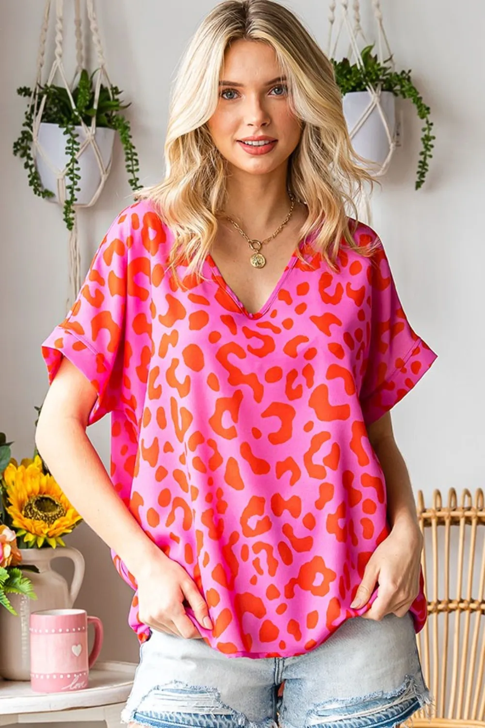 Leopard V-Neck Short Sleeve Woven Top, image 4