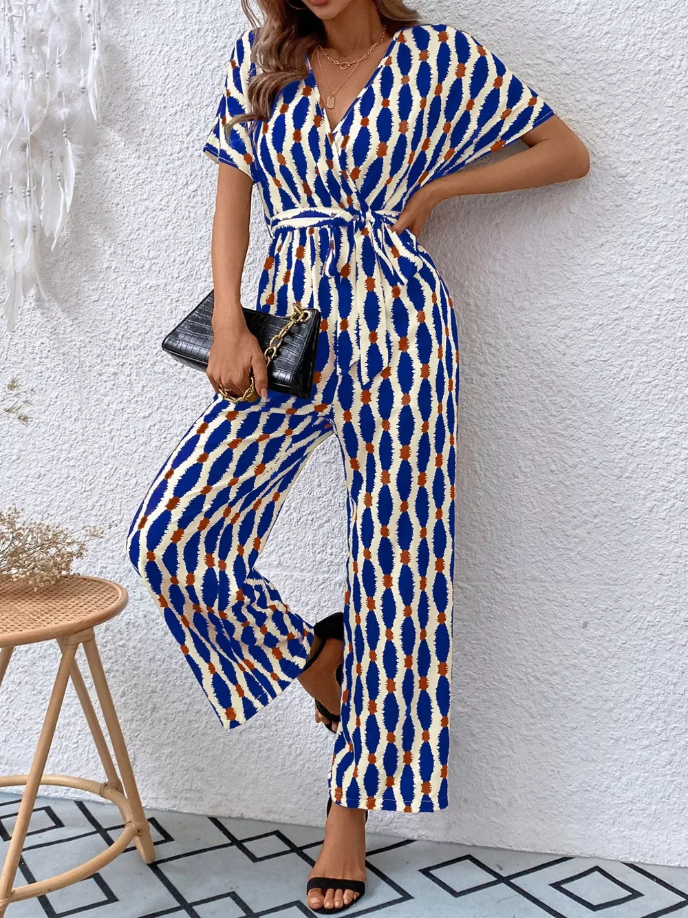 Printed Surplice Tie Waist Short Sleeve Jumpsuit, image 10