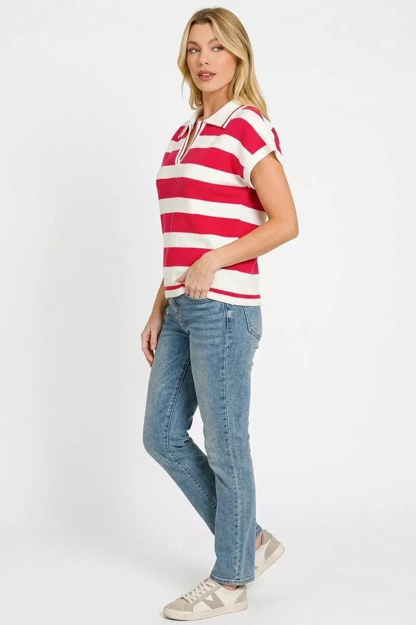Striped Collared Short Sleeve Sweater, image 3