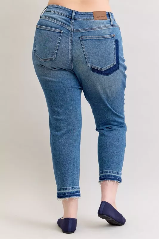 Full Size Mid Rise Bf Patch & Repair Destroy Release Hem Jeans Plus Size, image 2