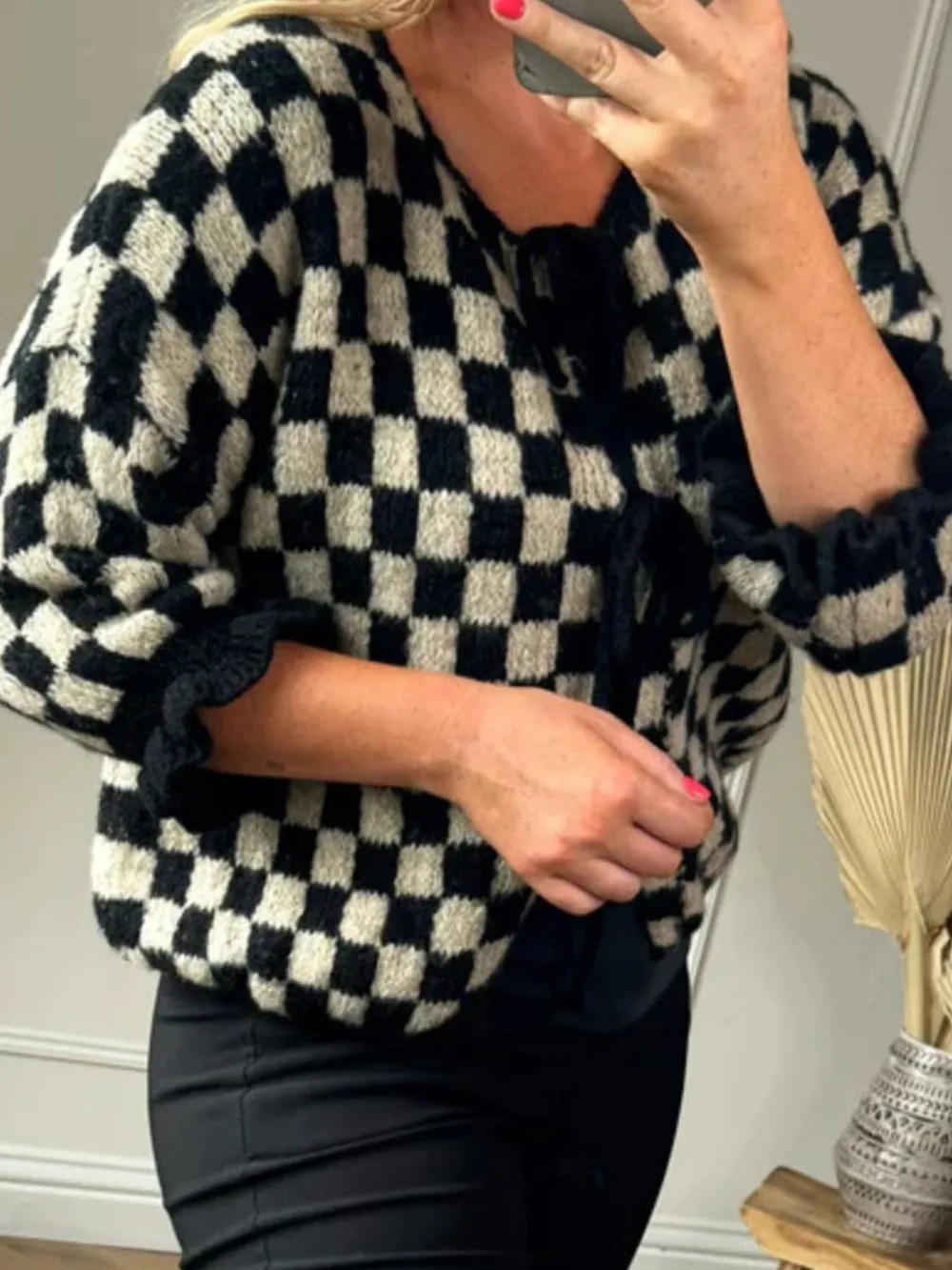 Checkered Tie-Front Knit Cardigan, image 7