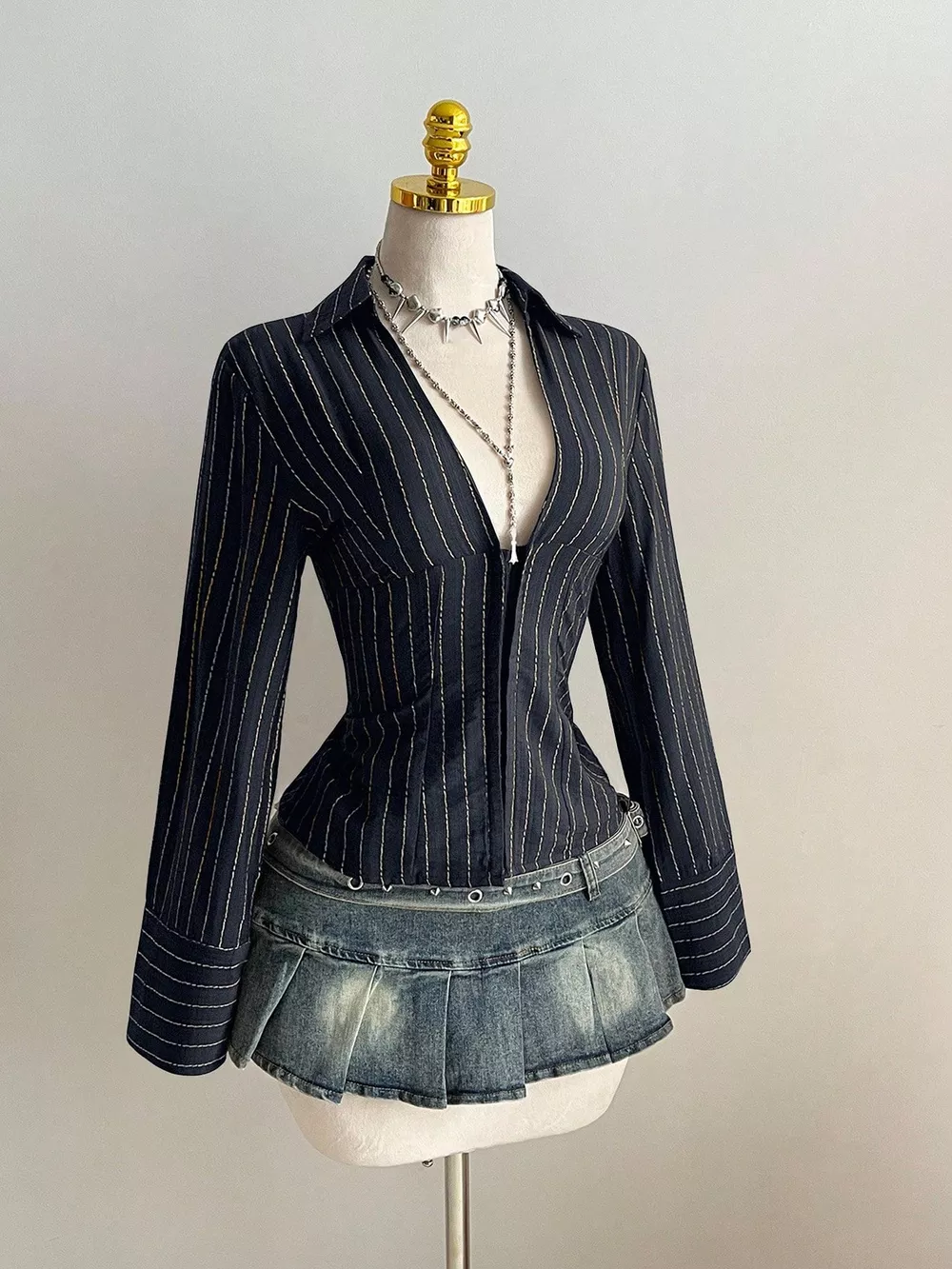 Striped Long Sleeve Fitted Blouse, image 4