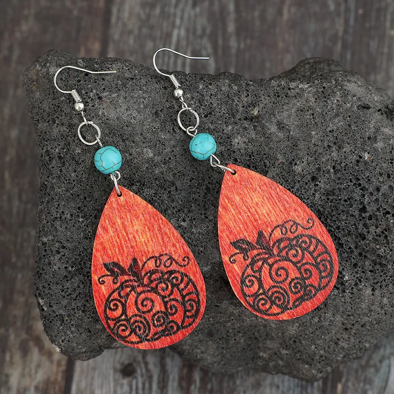 Turquoise Wooden Pumpkin Teardrop Earrings, image 3