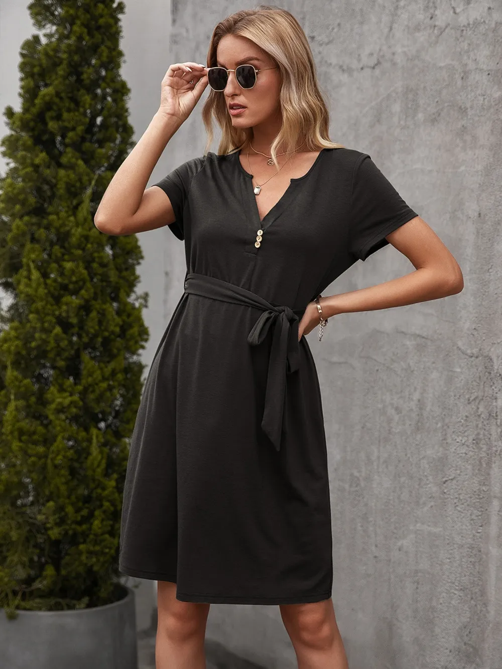 Tied Notched Short Sleeve Dress, image 4
