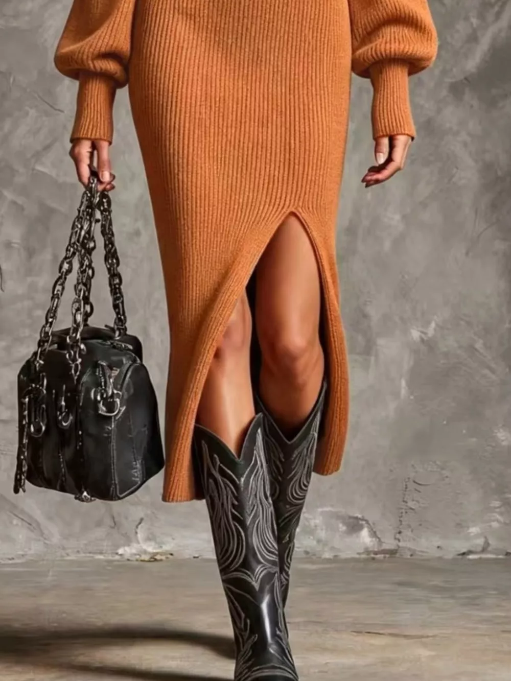 Ribbed Knit Quarter-Zip Lantern Sleeve Sweater Dress, image 3